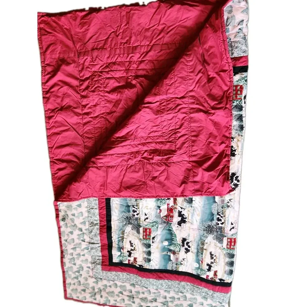 Handmade Christmas Quilt Snowy Farmhouse Red Barn Church Steeple Cows 77x66